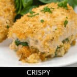 A savory chicken rollatini graces a white plate, perfectly breaded and garnished with parsley, complemented by fresh spinach leaves.