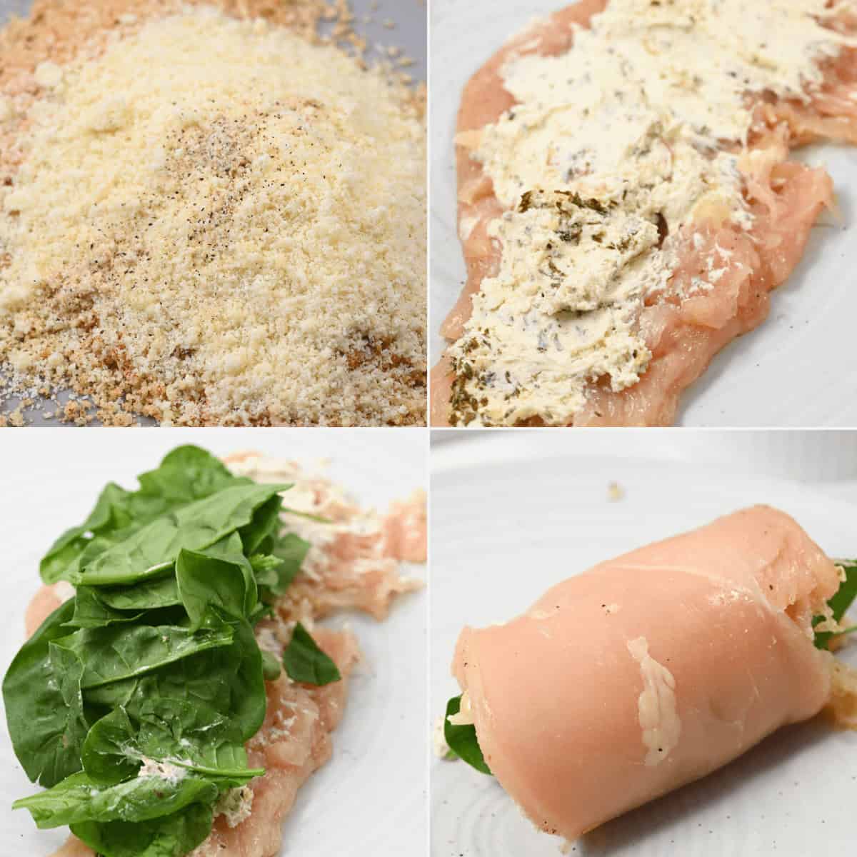 Experience the four-step magic of Chicken Rollatini: 1) Blend breadcrumbs and spices. 2) Spread cream cheese onto chicken. 3) Add fresh spinach. 4) Roll the chicken breast to perfection.
