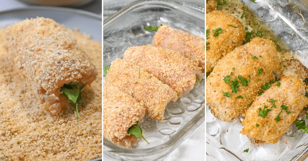 Three images depict the preparation of Chicken Rollatini: first, it's rolled in breadcrumbs; second, nestled in a baking dish; third, baked to perfection with garnished parsley.