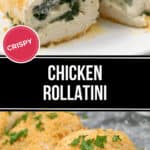 Close-up of succulent Chicken Rollatini, sliced to reveal a savory spinach and cheese filling, topped with crispy breadcrumbs and garnished with fresh parsley.