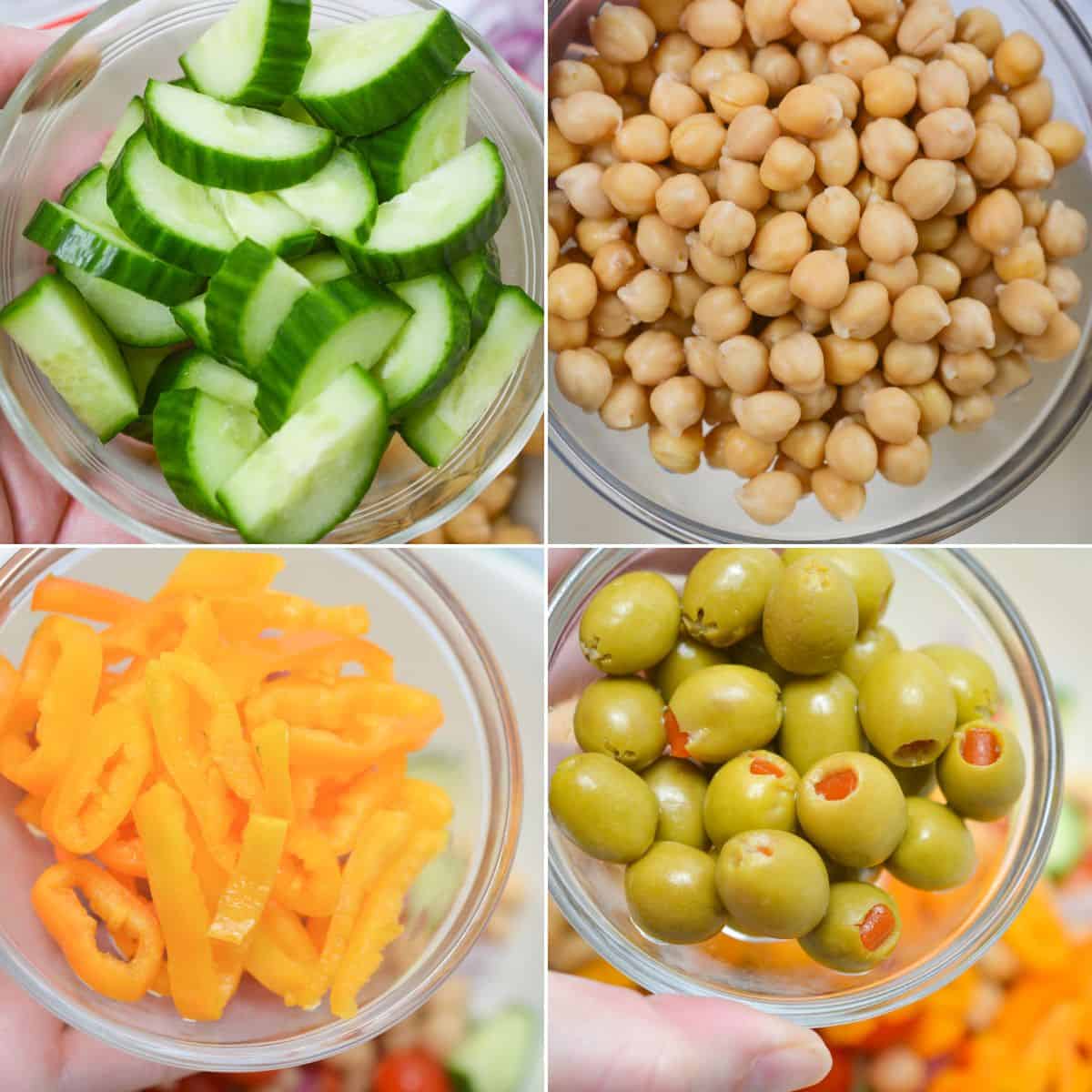 Four bowls with chopped cucumber, chickpeas, sliced yellow bell peppers, and green olives, each photographed from above—an inviting display reminiscent of a fresh Greek Chickpea Salad.