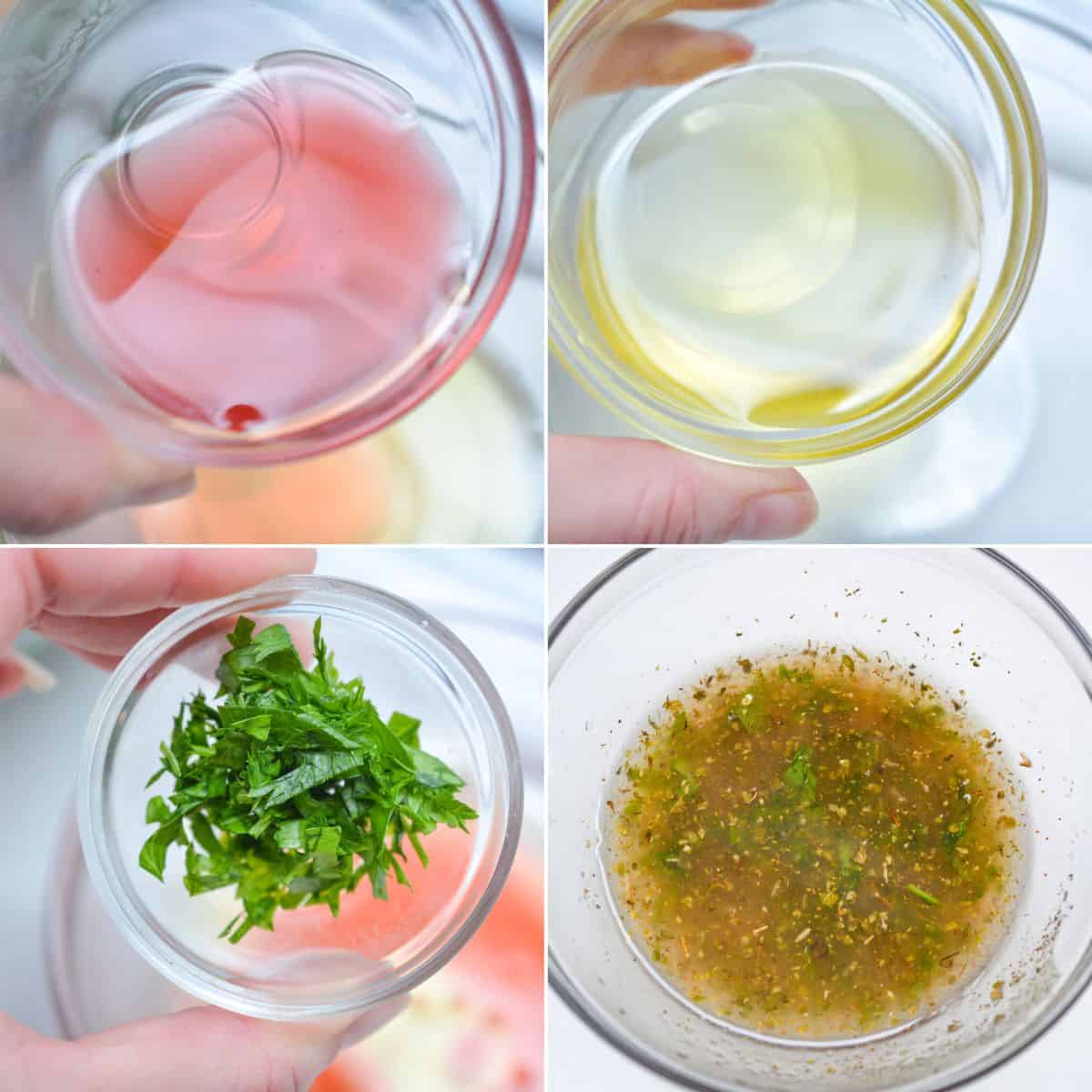 Four images show a person holding bowls with red liquid, yellow liquid, chopped herbs, and a bowl containing a mixed vinaigrette with herbs and spices—perfect ingredients for preparing a fresh Greek Chickpea Salad.