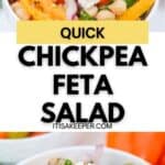 Bowl of Greek Chickpea Salad with cherry tomatoes, olives, bell peppers, red onion, and a large block of feta cheese, garnished with herbs.