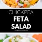 A bowl of Greek Chickpea Salad with cherry tomatoes, yellow bell peppers, red onion, green olives, fresh herbs, and a slice of feta cheese on top.