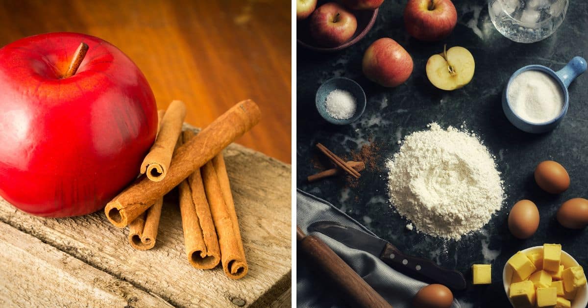 Close-up of a red apple and cinnamon sticks; beside, baking ingredients for a Rustic Apple Tart—including apples, flour, eggs, sugar, butter, and spices—are artfully arranged on a dark surface.