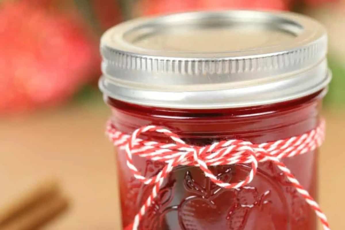 A glass jar filled with red cranberry moonshine, sealed with a metal lid and decorated with a red and white string tied in a bow.