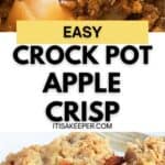 Close-up of Crock Pot Apple Crisp with a crumbly topping and a wooden spoon, featuring text: “Easy Crock Pot Apple Crisp” and “itisakeeper.com”.