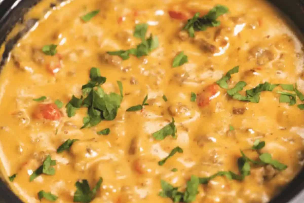 Close-up of creamy cheeseburger dip with visible chunks of tomato, green chilis, and ground beef, topped with herbs in a slow cooker.