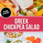The Greek Chickpea Salad features a delightful mix of feta, cherry tomatoes, chickpeas, olives, red onions, and fresh herbs in a white bowl.