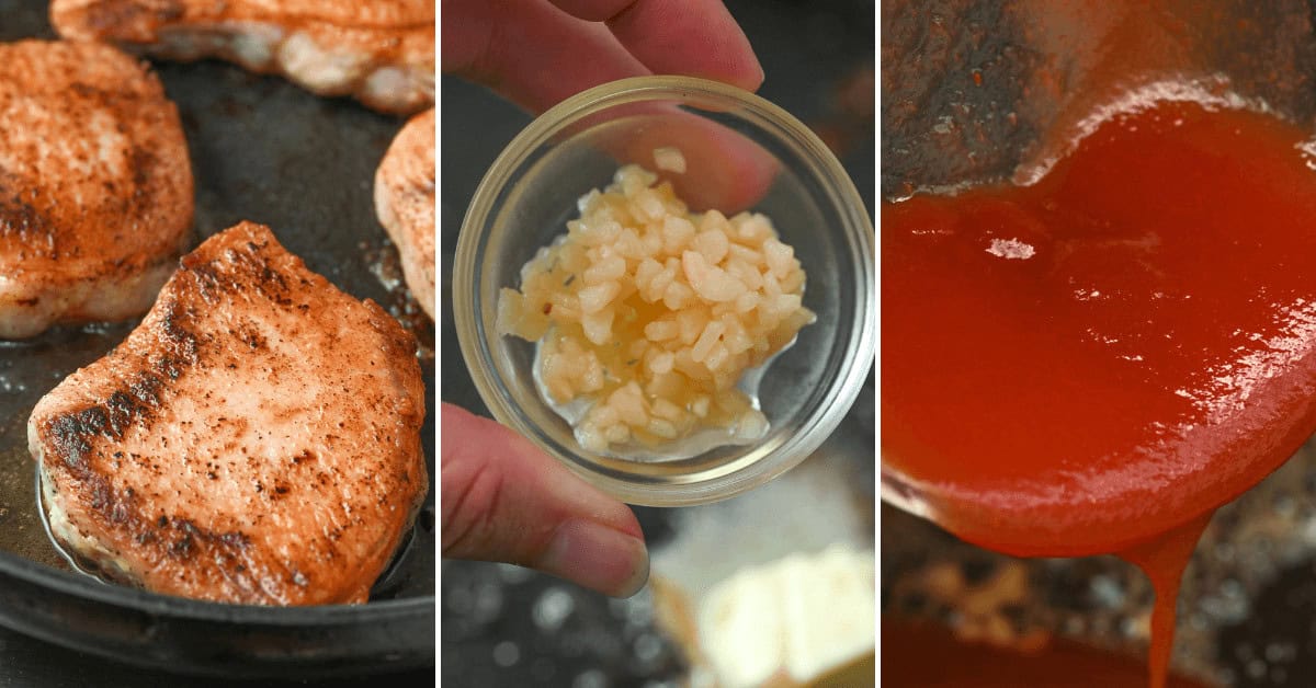 A collage of three images shows cooked honey garlic pork chops, minced garlic in a small dish, and tomato sauce in a pan.