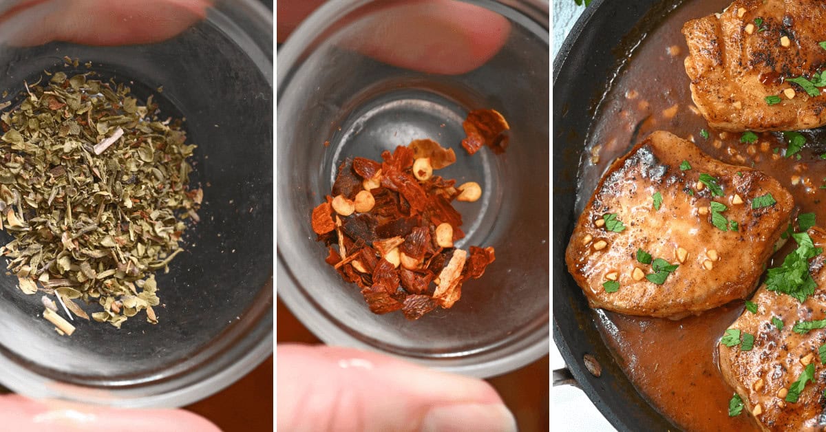 From left to right: a bowl of dried herbs, a bowl of red pepper flakes, and a skillet with honey garlic pork chops topped with herbs and sauce.