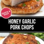 Two succulent Honey Garlic Pork Chops garnished with chopped herbs on a pristine white plate. A "Quick & Easy" tag is displayed on the image.