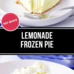 A slice of lemonade frozen pie with a refreshing graham cracker crust and whipped topping sits elegantly on a white plate.