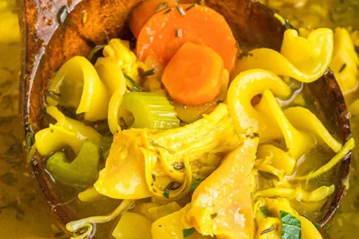 Close-up of some chicken noodle soup on a large wooden spoon.