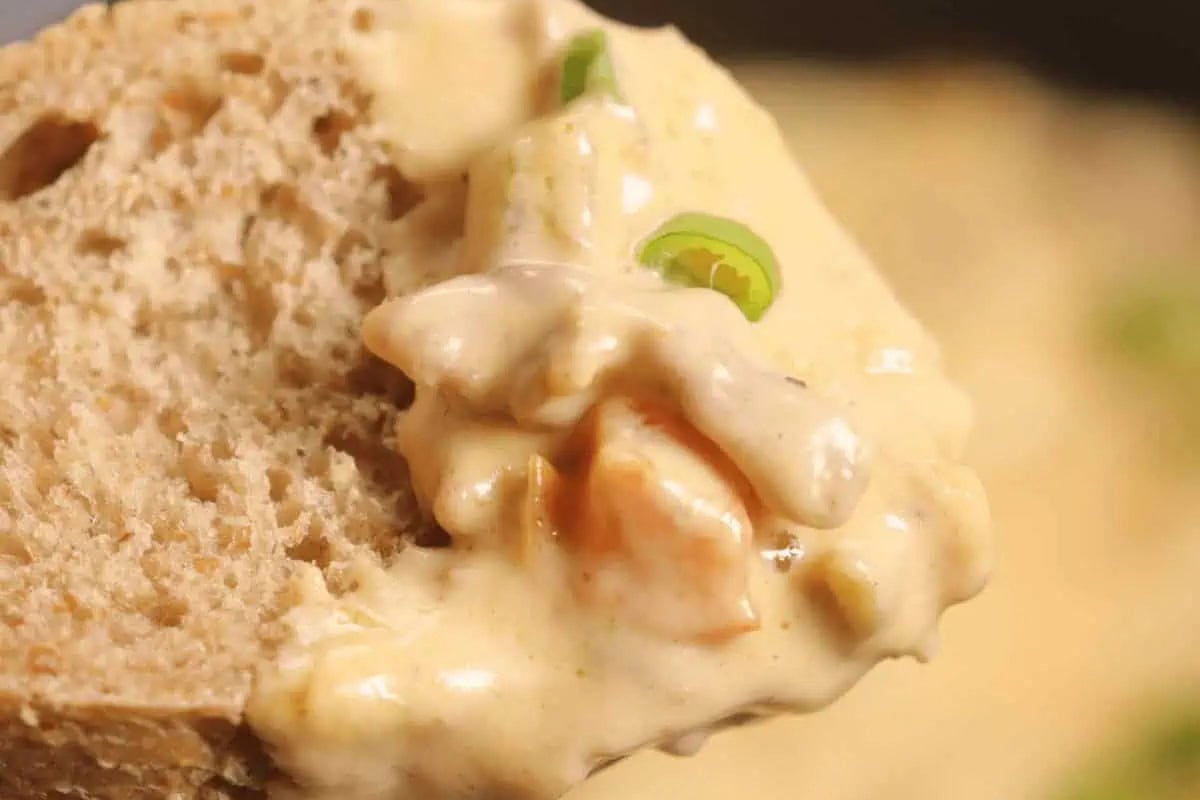 A close-up of a slice of bread topped with creamy Philly cheesesteak dip that contains pieces of vegetables, sliced green onions, and steak.
