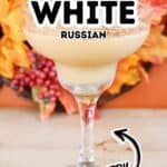 A Pumpkin Spice White Russian cocktail in a coupe glass sits on a table, with autumn leaves and berries in the background. Text on image reads: “Pumpkin Spice White Russian Must Try.” This seasonal twist on the classic cocktail perfectly captures the cozy flavors of fall.