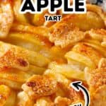 Close-up of a golden-brown Rustic Apple Tart with a flaky crust, sugar topping, and text overlay that reads “Rustic Apple Tart” and “Easy.”.