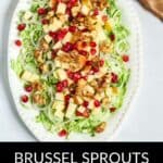A platter of shaved brussel sprouts salad with apples, walnuts, and pomegranate seeds. Text reads: "Brussel Sprouts Salad with Apples.
