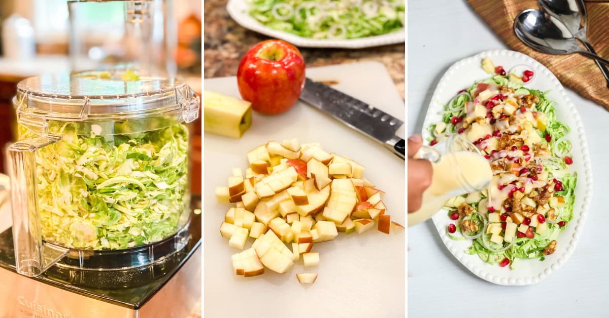 Three-panel image showing the dish being made in food processor, chopped apples on a cutting board, and the finished salad being drizzled with dressing.