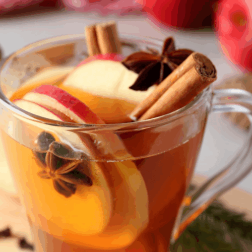Clear glass mug of slow cooker cider garnished with apple slices, cinnamon sticks, and star anise, with red apples and a red cloth in the background.