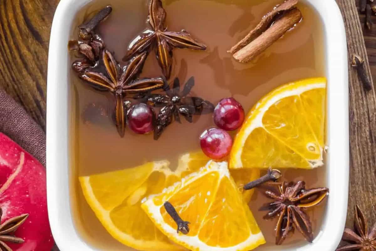 A white dish filled with a spiced beverage, garnished with orange slices, star anise, cranberries, a cinnamon stick, and cloves.