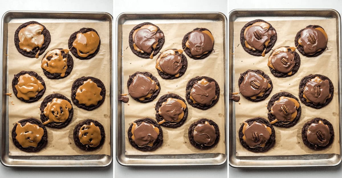 Finishing the cookies by placing on the carmel, nuts and chocolate.