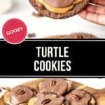 A hand holding a turtle cookie and a platter of the cookies.