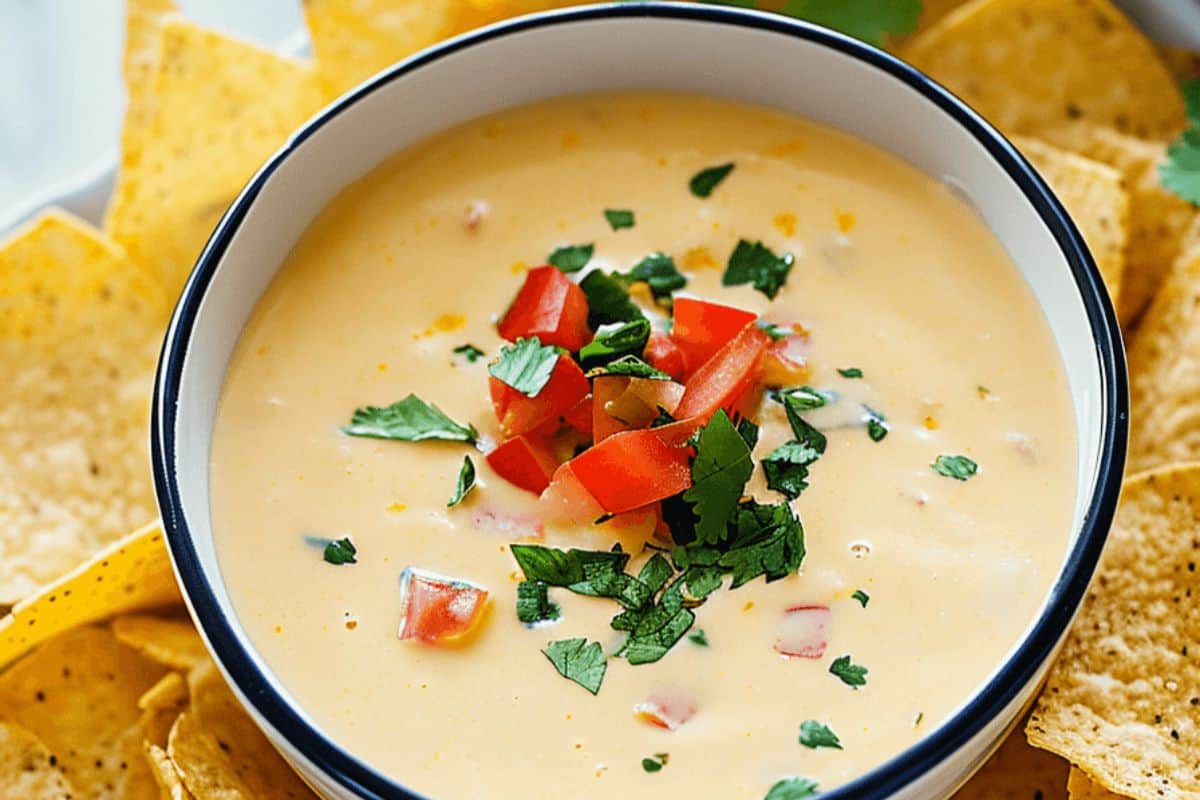 A bowl of queso dip topped with chopped tomatoes and cilantro, surrounded by tortilla chips, tastes just like the real thing from your favorite spot.
