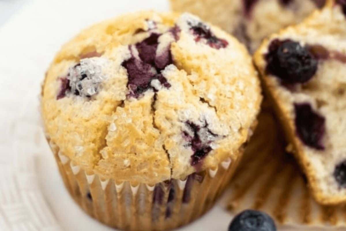 Blueberry lemon muffins on a white plate.