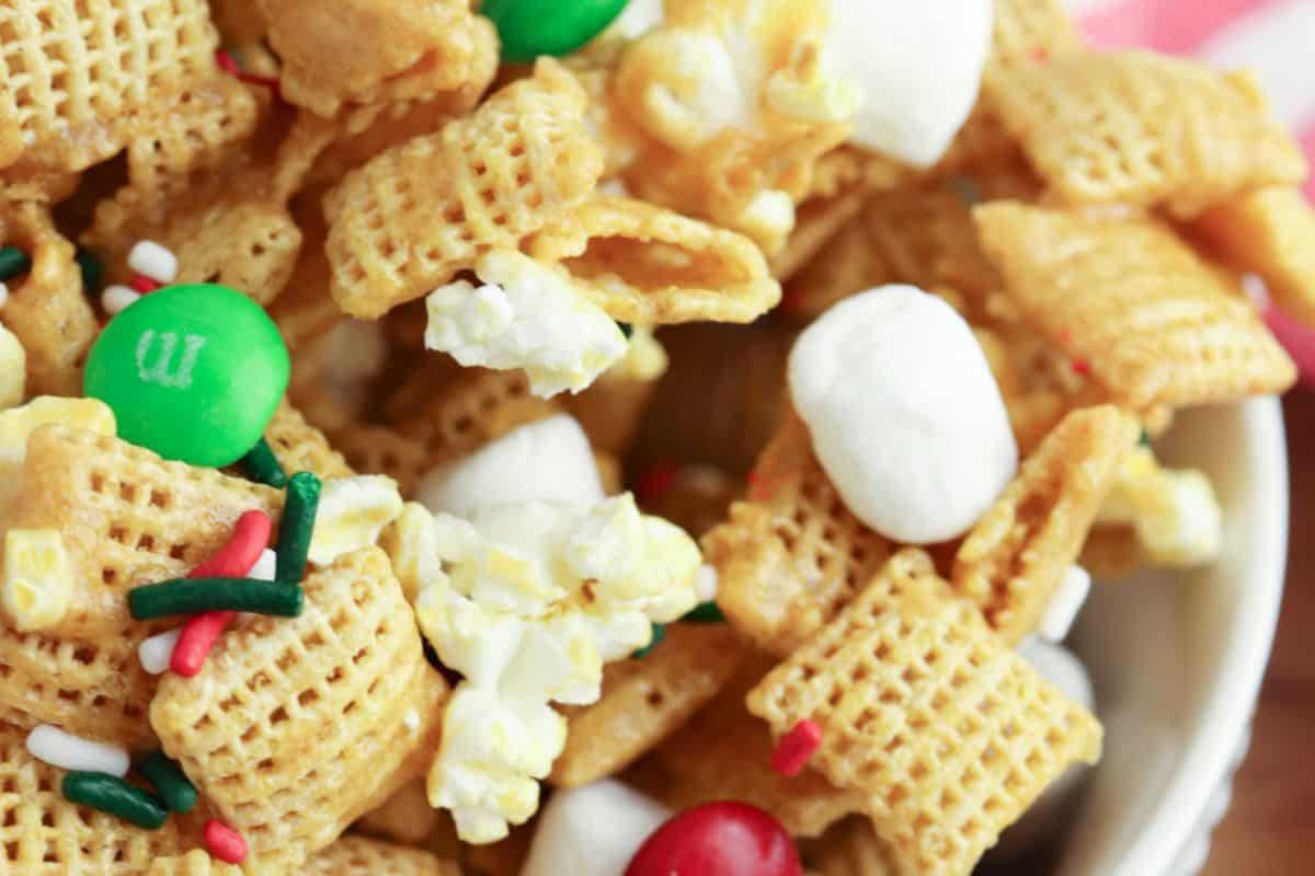 Close-up of Christmas chex mix.