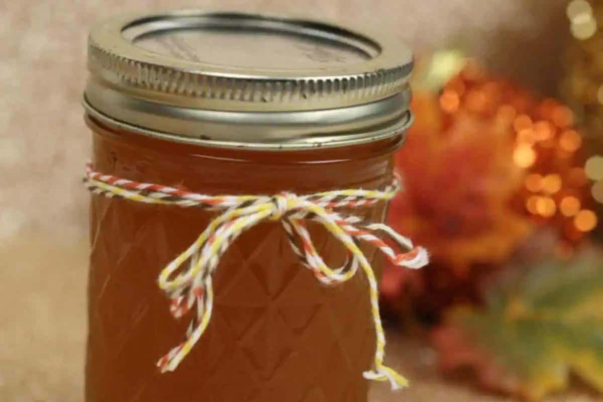 A glass jar of amber liquid with a metal lid and a multicolored string tied in a bow around the neck, set against a blurred autumn-themed background—perfect for showcasing festive autumn cocktails or cozy fall drinks.