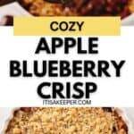 A baked apple berry crisp in a round dish, topped with a crumbly oat layer. A spoon holds a serving above the dish, revealing the juicy fruit filling and golden topping.