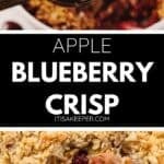 A close-up of Apple Berry Crisp in a white dish, with a spoonful showing oats, blueberries, and apple filling.