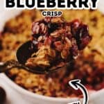 A spoonful of Apple Berry Crisp with oats is held above a baking dish filled with the same delicious dessert.