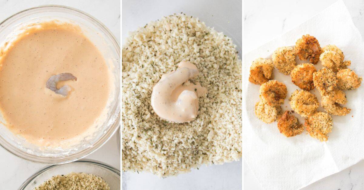 Three-step process for Bang Bang Shrimp: first dipped in batter, then coated with breadcrumbs, and finally cooked shrimp placed on a paper towel.