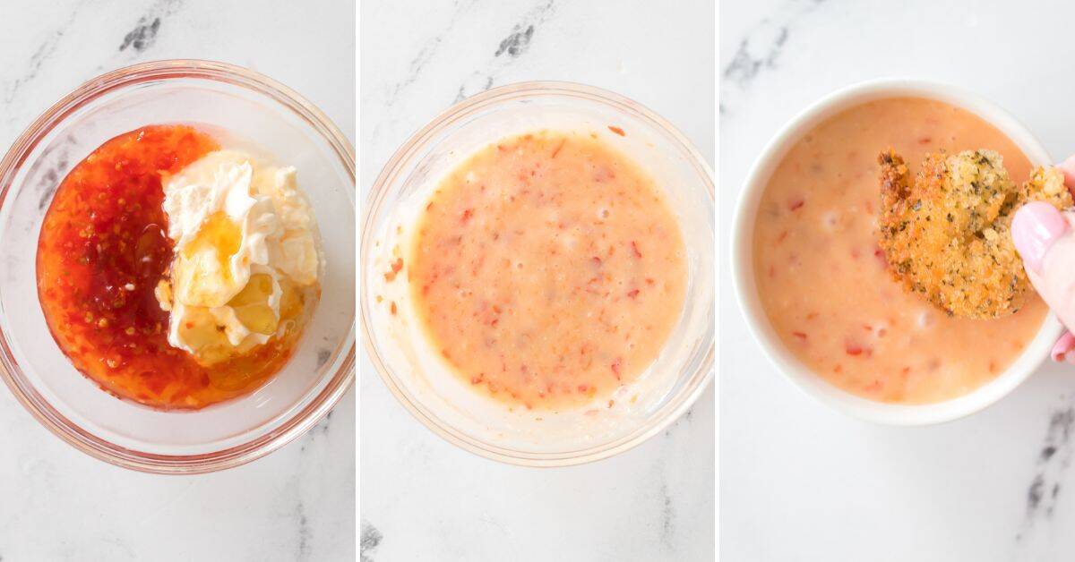 Three-panel image: first, ingredients for  dipping sauce in a bowl; second, the mixed sauce; third, the creamy sauce in a bowl as a crispy breaded item is dipped.