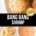 Close-up of Bang Bang Shrimp topped with chopped green onions, served with a creamy dipping sauce on a white plate for a delicious appetizer.