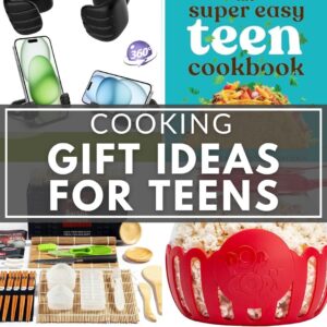 Collage of gift ideas for teens, featuring phone gadgets, a cookbook, cooking utensils, and a popcorn maker. The text "COOKING GIFTS FOR TEENAGERS" is prominently displayed in the center.