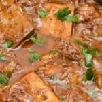 Close-up of Crockpot Short Ribs braised in beer, with tender chunks of meat, potatoes, and carrots in a rich brown sauce, garnished with chopped parsley.