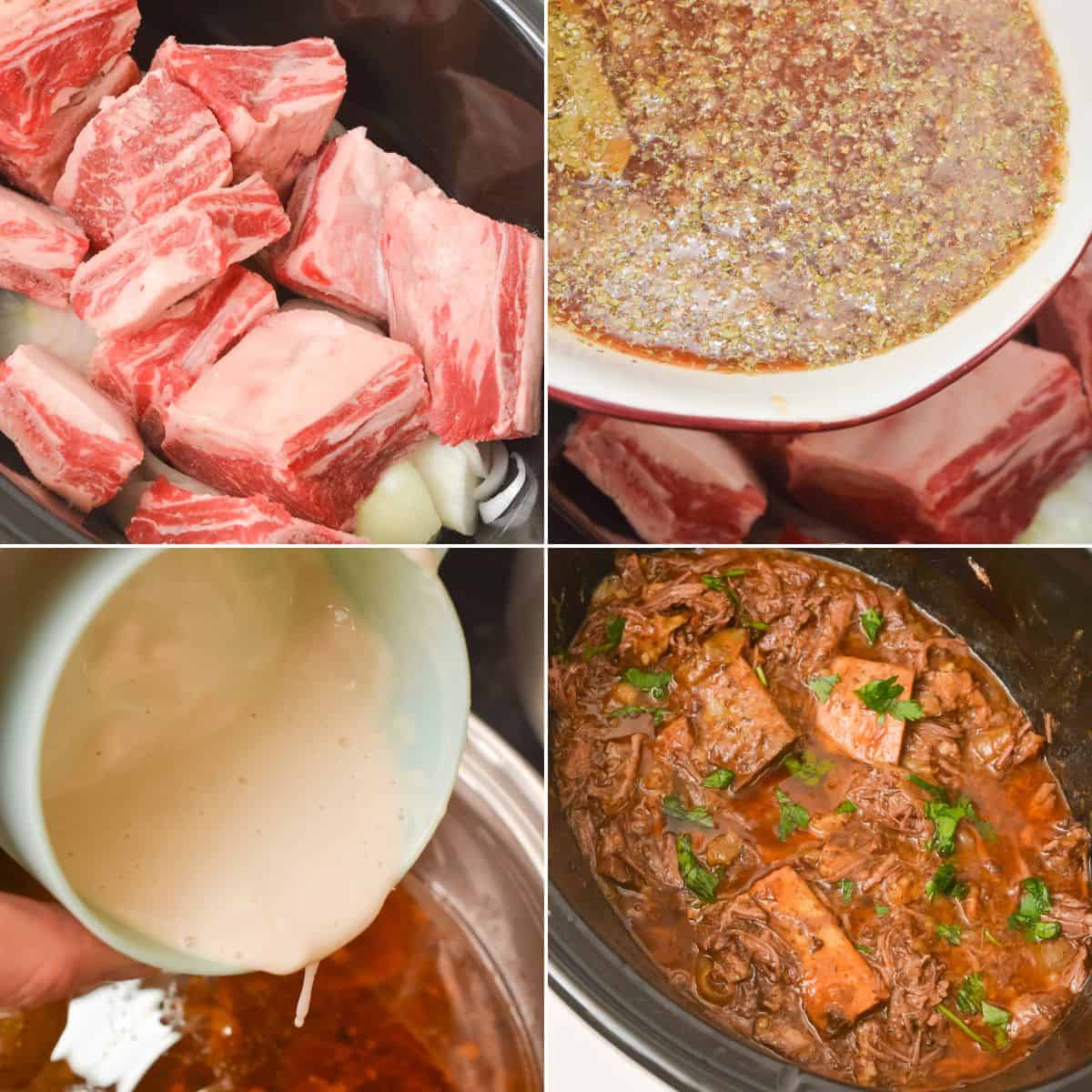 A four-step collage showing Crockpot Short Ribs Braised in Beer: beef short ribs in a slow cooker, sauce being added, beer poured in, and the cooked, shredded beef garnished with herbs.