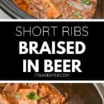 Close-up of Crockpot Short Ribs Braised in Beer with rich sauce, garnished with chopped parsley, served warm in a slow cooker.