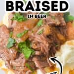 Plate of Crockpot Short Ribs Braised in Beer, served over mashed potatoes and garnished with chopped parsley; text overlay reads "Short Ribs Braised in Beer Crockpot.