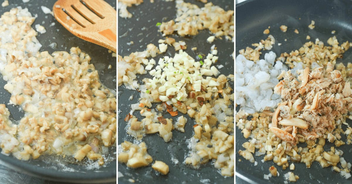 Three images show a skillet with chopped mushrooms and onions, followed by added garlic. A wooden spatula is visible.