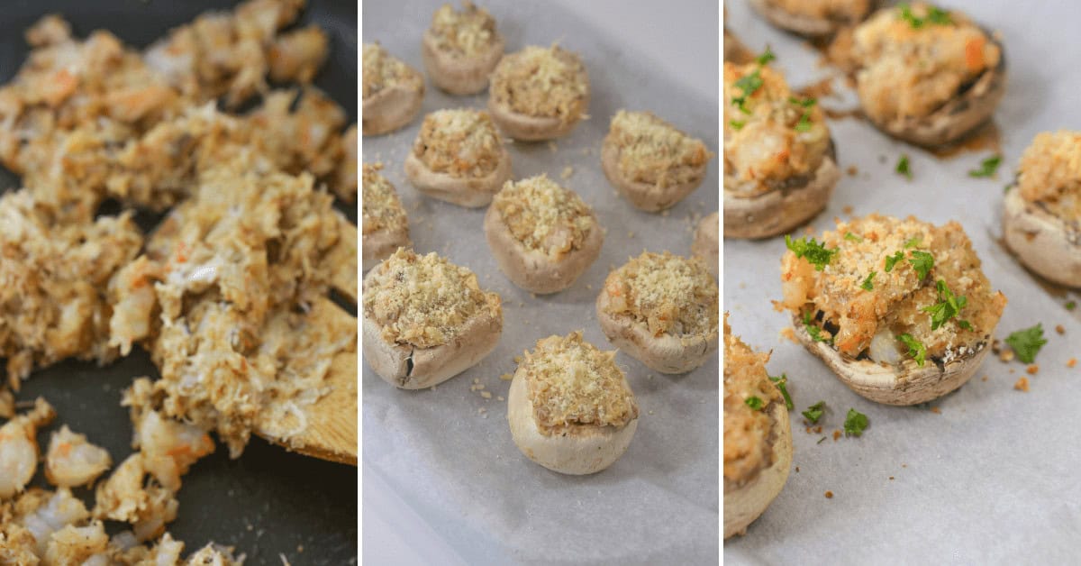Three panels showcasing the art of preparing crab stuffed portobello mushrooms: sautéed crab filling, uncooked mushrooms generously filled, and finally, baked to perfection and garnished with fresh herbs.