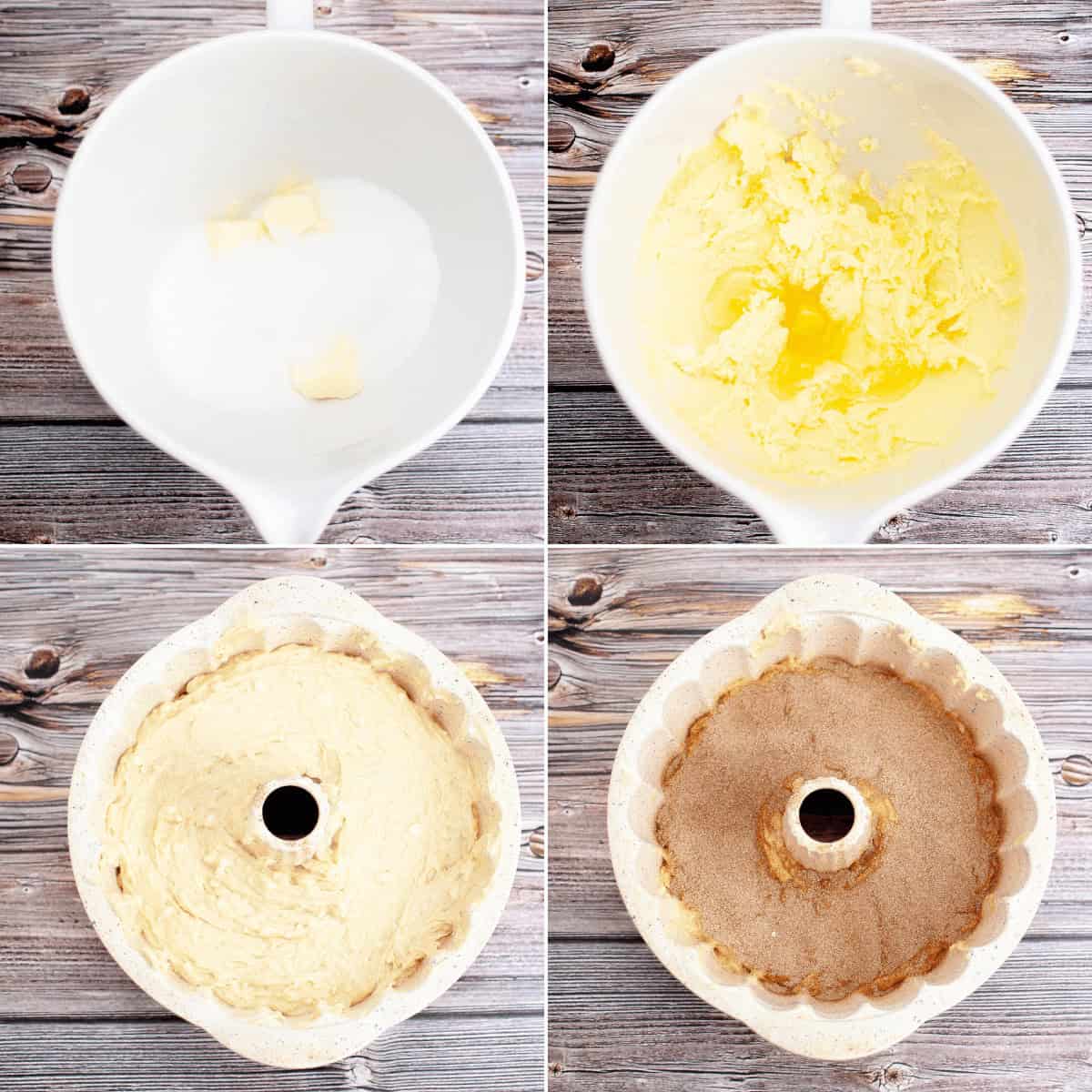 Four-panel image of Bundt Coffee Cake preparation: butter and sugar in a bowl, creamed mixture, batter in a Bundt pan, and batter topped with cinnamon sugar in the pan.