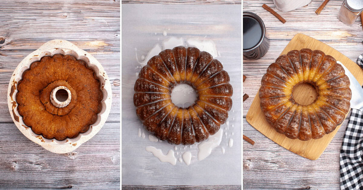 Three images of a bundt coffee cake: in the pan, cooling with a rich glaze, and elegantly served on a board alongside a cozy drink and checkered cloth.