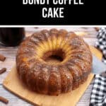 A delightful Bundt Coffee Cake, rich with sour cream, sits on a wooden board accompanied by a knife and checkered cloth.