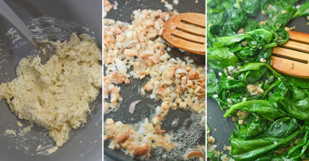Three images show a creamy ricotta and Boursin Cheese mixture in a bowl, chopped onions and bacon sizzling in a pan, and fresh spinach wilting with a wooden spoon—perfect ingredients for delicious Stuffed Mushrooms.