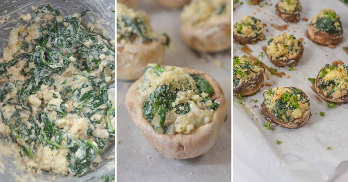 Three images: a mixture in a bowl, the creamy mixture stuffed into raw caps, and perfectly baked.