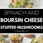 Three baked stuffed mushrooms are filled with a savory blend of spinach and Boursin cheese, then garnished with parsley and golden breadcrumbs on a white surface.